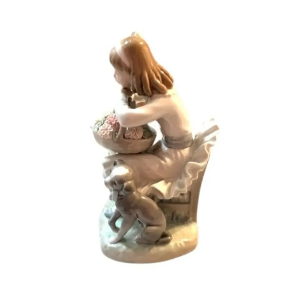 Lladro 1088 Girl With Flowers Basket & Dog Retired Porcelain Figurine
